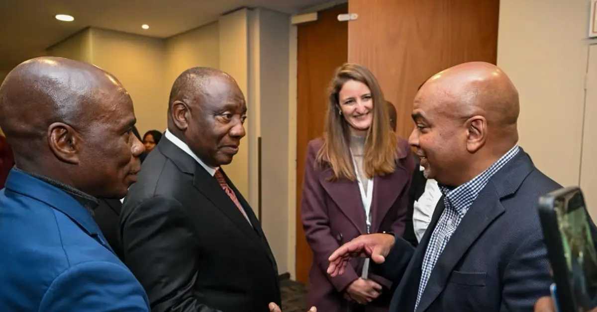 SEIFSA Chairman Elias Monage and ACTOM CEO Mervyn Naidoo with President Cyril Ramaphosa and SAISC Chairwoman Nicolette Skjoldhammer at the Presidential Breakfast.